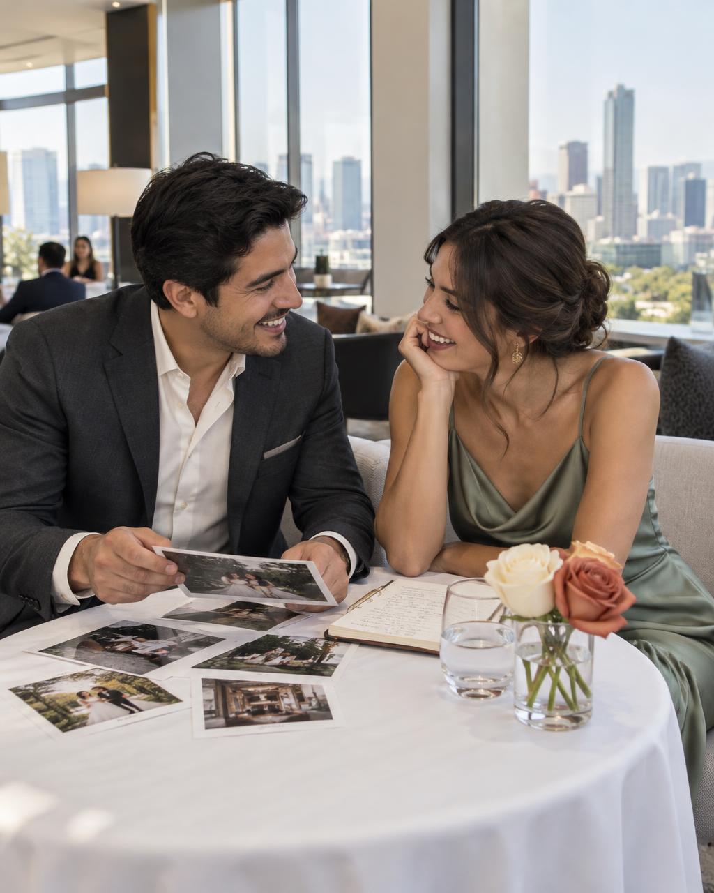 Una pareja revisando fotografías impresas y un cuaderno en la mesa de un salón elegante de hotel con luz de día
